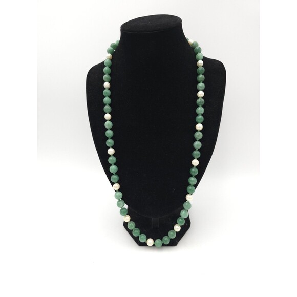 Pearl And Green Aventurine Beaded Hand Knotted Necklace 10mm Beads 26" Long - Picture 1 of 8